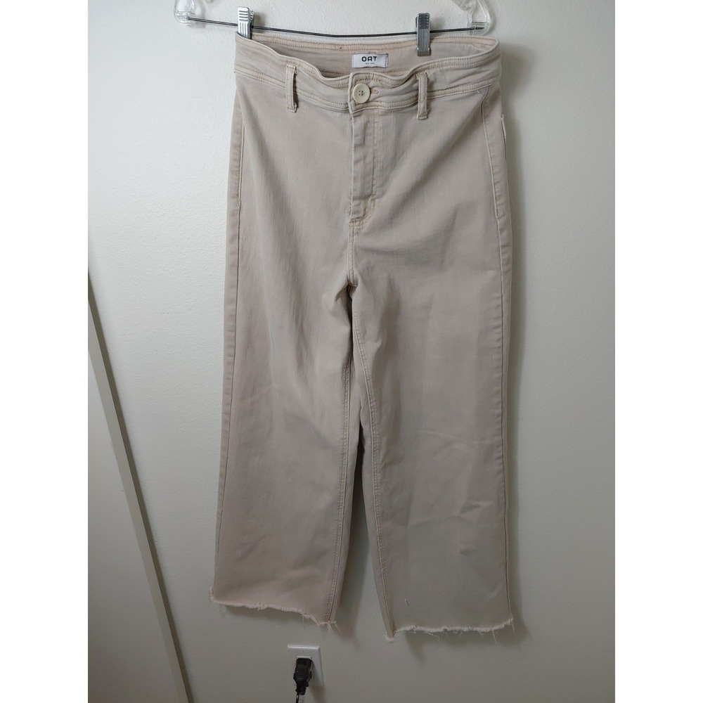 OAT New York Wide Leg Pants Womens 6/28 Brown Raw Hem High Rise Stretch Twill